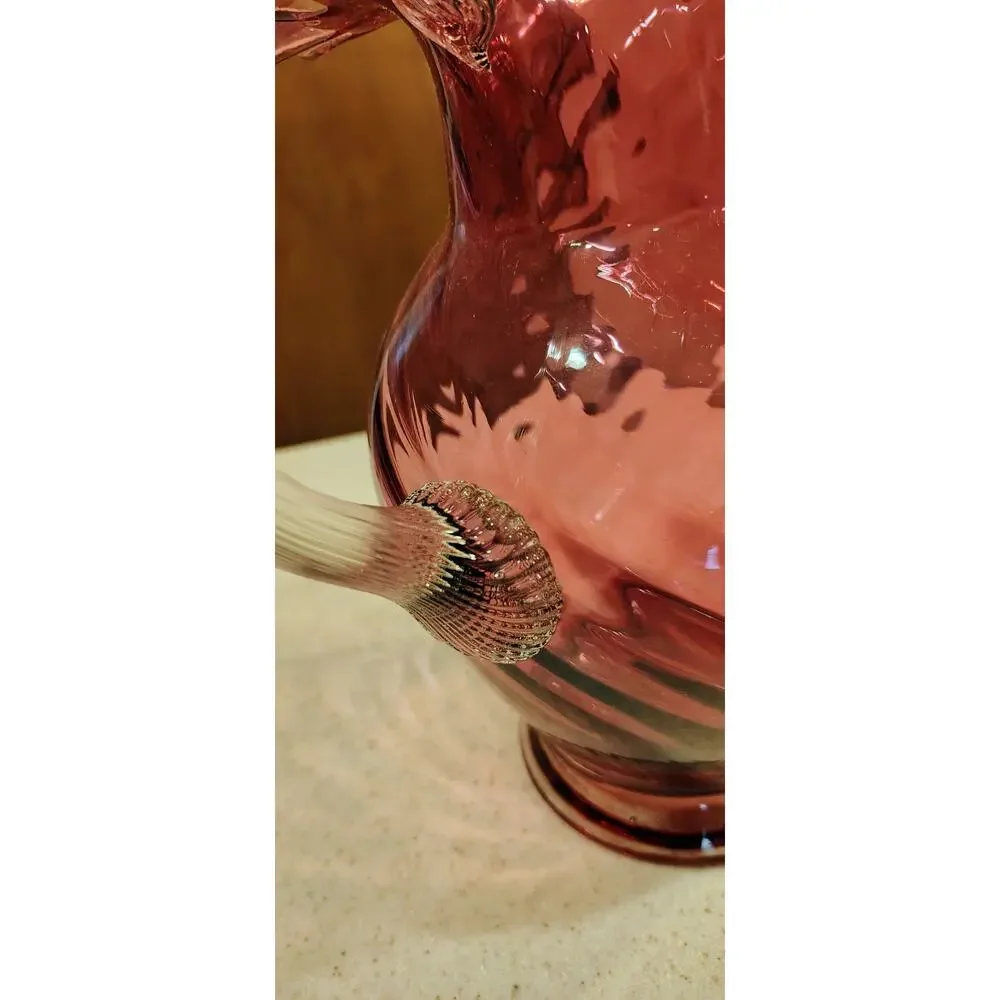 Fenton Cranberry Glass Pitcher Ruffled Rim Swirl Dot Optic Clear Handle 10